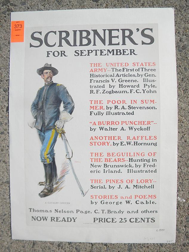 VINTAGE POSTER-SCRIBNER'S FOR SEPTEMBER, CIRCA 190: VINTAGE POSETR-SCRIBNER'S FOR SEPTEMBER, CIRCA 1900, THOMAS NELSON PAGE, C T BRADY AND OTHERS, NOE READY 25 CENTS, ARTIST YOHN, MEASURES 14 1/2"X 26', LINEN BACKED