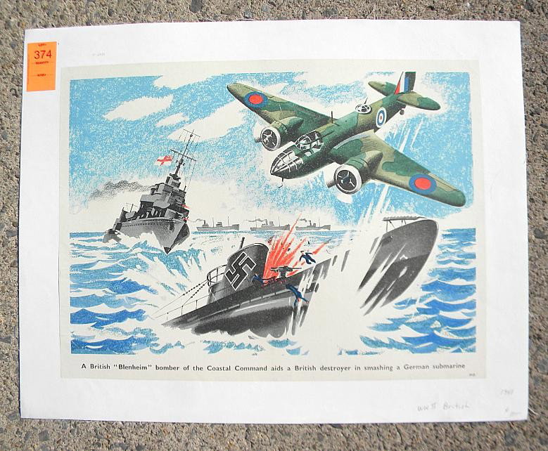 VINTAGE POSTER-WWII BRITISH POSTER, 1941: VINTAGE POSTER-WWII BRITISH POSTER, 1941, A BRITISH "BLENHEIM" BOMBER OF THE COASTAL COMMAND AIDS A BRITISH DESTROYER IN SMASHING A GERMAN SUBMARINE, MEASURES 15" X 20", LINEN BACKED