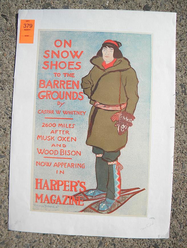 VINTAGE POSTER-HARPER'S MAGAZINE, 1896, ARTIST EDW: VINTAGE POSTER-ON SNOW SHOES TO THE BARREN GROUNDS BY CASPAR W WHITNEY, 2600 MILES AFTER MUSK OXEN AND WOOD BISON, NOW APPEARING IN HARPER'S MAGAZINE, 1896, ARTIST EDWARD PENFIELD, MEASURES 11 1/2"X 1