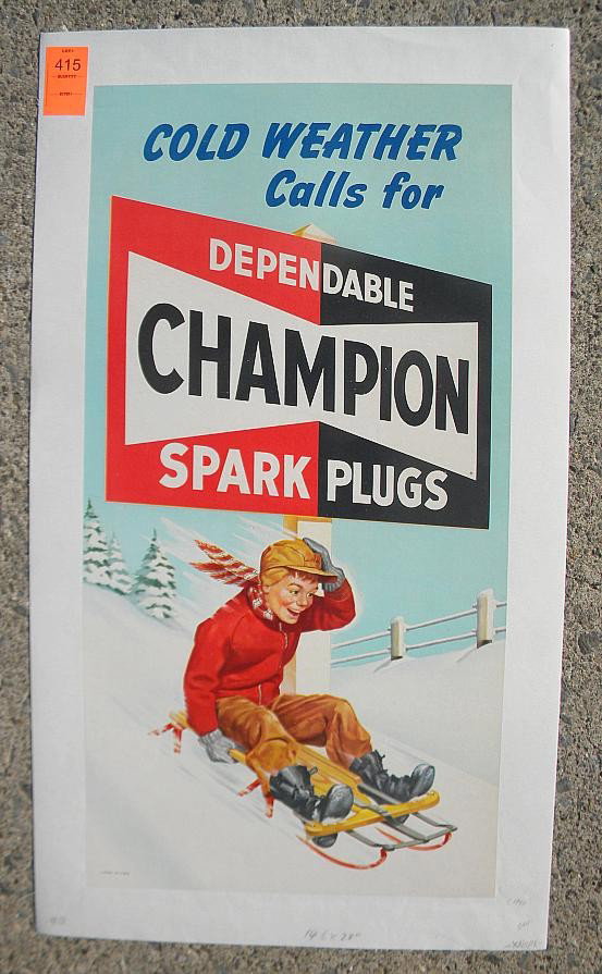 VINTAGE POSTER-CHAMPION SPARK PLUGS, CIRCA 1940: VINTAGE POSTER-COLD WEATHER CALLS FOR DEPENDABLE CHAMPION SPARK PLUGS, CIRCA 1940, BOY ON SLED, MEASURES 14 1/2" X 28", LINEN BACKED