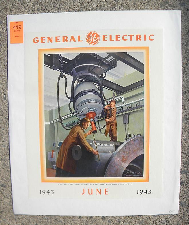 VINTAGE POSTER-GENERAL ELECTRIC JUNE 1943, X-RAY,: VINTAGE POSTER-GENERAL ELECTRIC JUNE 1943, X-RAY-ONE OF THE EARLIEST ELECTRONIC TOOLS-NOW REVEALS HIDDEN FLAWS IN GIANT CASTINGS, ARTIST H M MOTT-SMITH MEASURES 18 1/2"X 15", LINEN BACKED