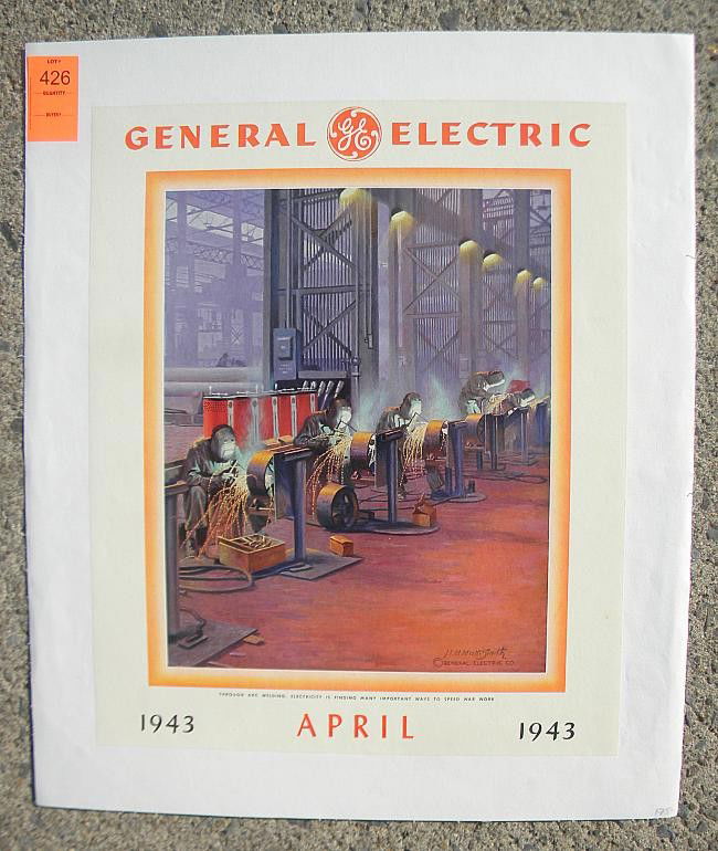 VINTAGE POSTER-GENERAL ELECTRIC APRIL 1943, H M MO: VINTAGE POSTER-GENERAL ELECTRIC 1943 APRIL, THROUGH ARC WELDING, ELECTRICITY IS FINDING MANY IMPORTANT WAYS TO SPEED WAR WORK, ARTIST H M MOTT-SMITH, MEASURES 18 1/2' X 15 1/4", LINEN BACKED