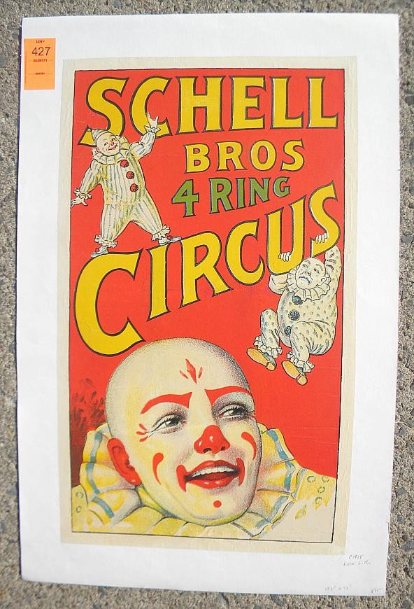 VINTAGE POSTER-SCHELL BROS 4 RING CIRCUS, CIRCA 19: VINTAGE POSTER-SCHELL BROS 4 RING CIRCUS, CIRCA 1925, ERIE LITHO, MEASURES 13 1/2" X 23", LINEN BACKED