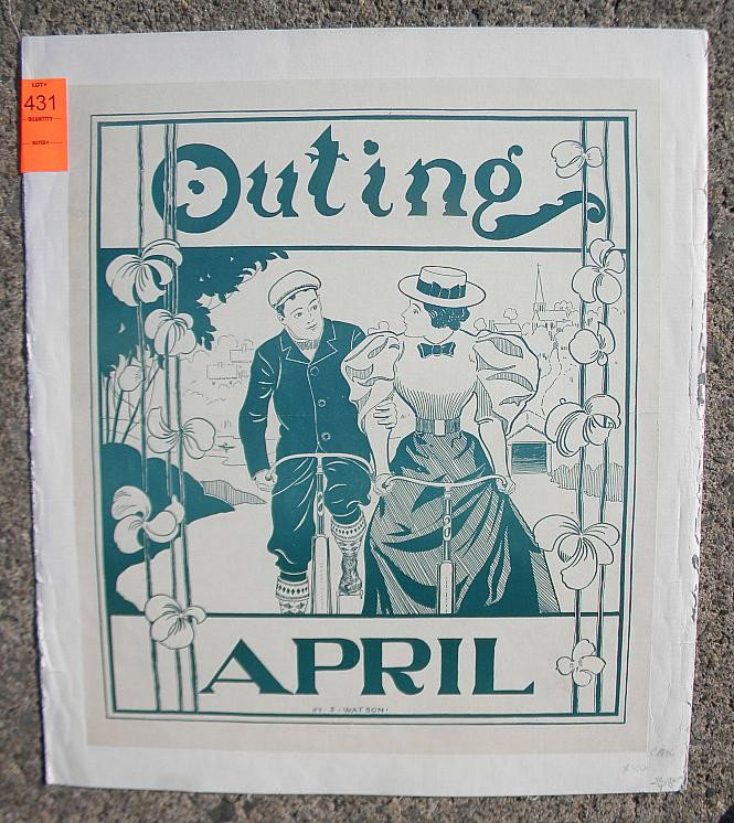 VINTAGE POSTER-OUTING, APRIL, CIRCA 1896: VINTAGE POSTER-OUTING, APRIL, CIRCA 1896, HY S WATSON, MEASURES 18" X 15 1/2", LINEN BACKED
