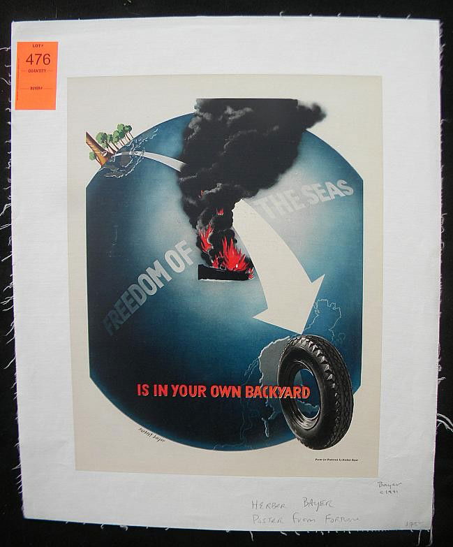 VINTAGE POSTER-WWII HERBERT BAYER POSTER FROM FORT: VINTAGE POSTER-WWII HERBERT BAYER POSTER FROM FORTUNE, CIRCA 1941, FREEDOM OF THE SEAS IS IN YOUR OWN BACKYARD, MEASURES 14" X 11", LINEN BACKED