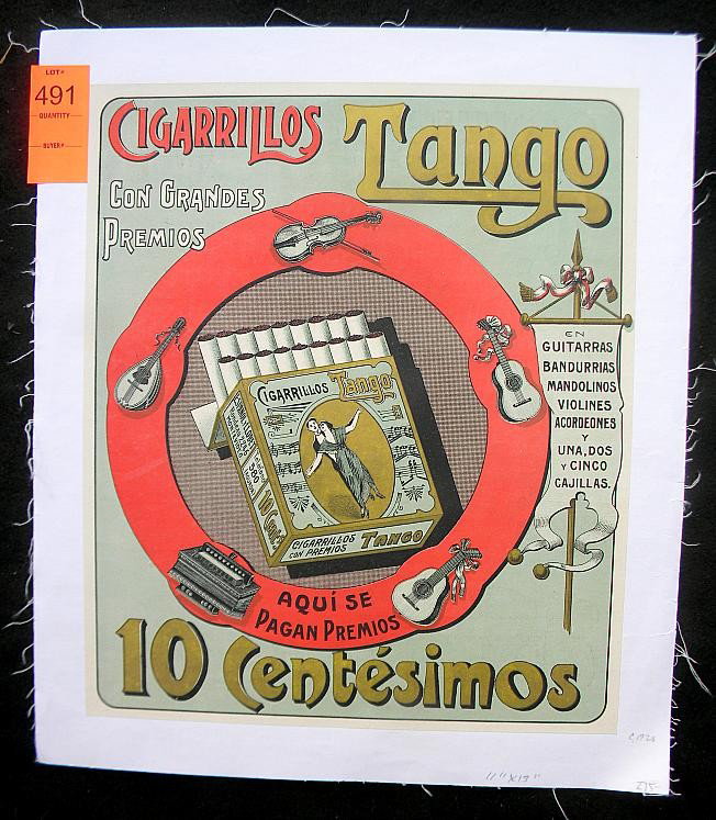 VINTAGE POSTER-CIGARILLOS TANGO, CIRCA 1920: VINTAGE POSTER-CIGARILLOS TANGO, CIRCA 1920, CON GRANDES PREMIOS, MEASURES 11" x 13", LINEN BACKED