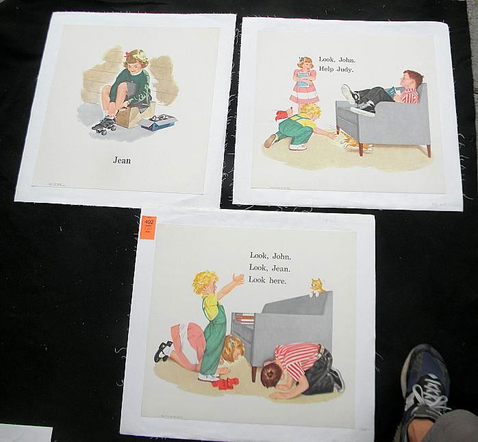 VINTAGE POSTER-3 PAGES FROM OUR BIG BOOK, CIRCA 19: VINTAGE POSTER-3 PAGES FROM OUR BIG BOOK, CIRCA 1940'S, PAGE 7 OF FUN WITH OUR FAMILY, 19" X 20 1/4", PAGE 12 OF JUDY, JOHN AND JEAN, 20 1/4" X 19", AND PAGE 14 OF JUDY, JOHN AND JEAN, 20 1/4" X 19",