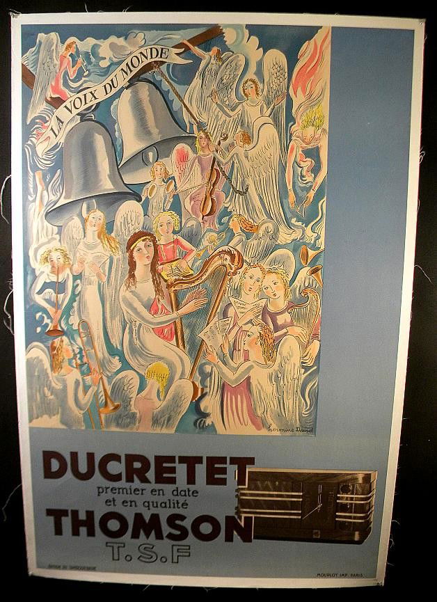 VINTAGE POSTER - FRENCH DUCRETET RADIO MEASURES 58: VINTAGE POSTER - FRENCH DUCRETET RADIO MEASURES 58 1/2" X 39". LINEN BACKED, VERY NICE CONDITION. ARTIST IS HERMINE DAVID. EDITION DU TAMBOURINAIRE IN LOER LEFT CORNER. CIRCA 1936.