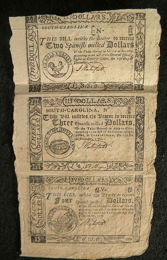 UNCUT SHEET SOUTH CAROLINA 1776 COLONIAL CURRENCY.: UNCUT SHEET SOUTH CAROLINA 1776 COLONIAL CURRENCY. THEY ARE OF II, III, & IV DOLLARS. THE 2 & 4 DOLLAR ARE DATED 1777. A LITTLE ROUGHAGE ON TOP OF 2 DOLLAR, AS PICTURED.