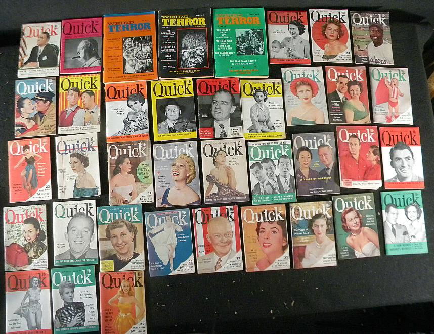 BOXLOT MAGAZINES-QUICK WEEKLY NEWS AND WEIRD TERRO: BOXLOT MAGAZINES- WEIRD TERROR TALES, VOL1 NUMBER 1, 2 & 3, AND QUICK-1949-1953, WEEKLY NEWS INCLUDING COVERS WITH JACKIE ROBINSON, DINAH SHORE, GREGORY PECK, MILTON BERLE, ELIZABETH TAYLOR, BING CROS