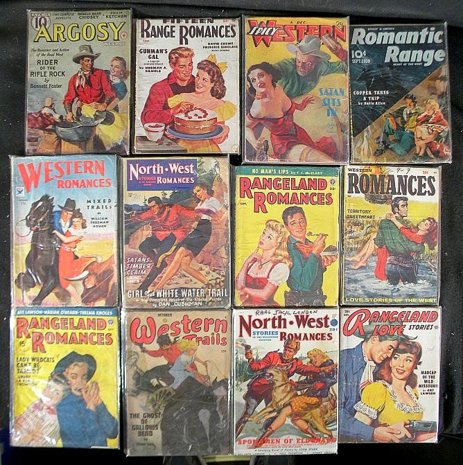 12 1930'S ,40'S AND 50'S WESTERN PULP MAGAZINES: 12 1930'S, 40'S AND 50'S WESTERN PULP MAGAZINES INCLUDING SPICY WESTERN, ROMANTIC RANGE, NORTHWEST ROMANCES, ARGOSY, WESTERN TRAILS AND OTHERS, AS PICTURED