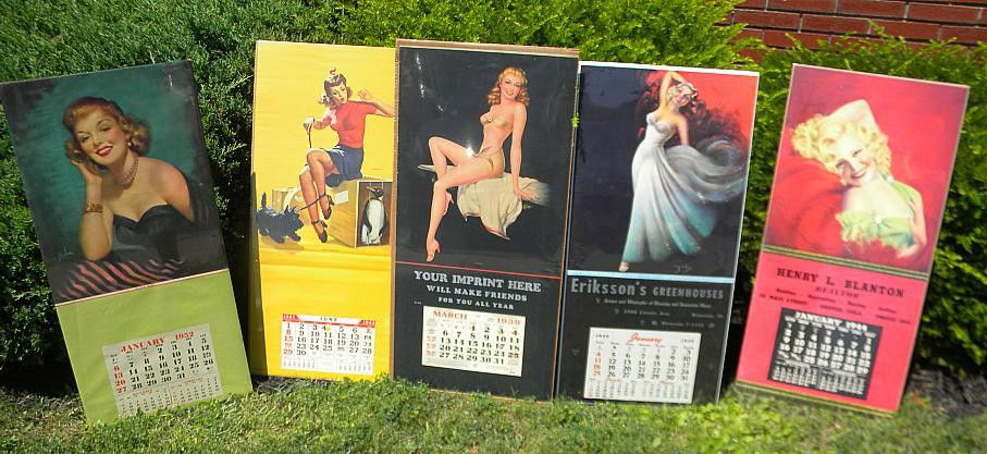 5 PIN UP GIRL SALESMAN SAMPLE CALENDERS 1940'S & 5: 5 PIN UP GIRL SALESMAN SAMPLE CALENDARS 1940'S & 50'S, ARTISTS ARE ELVGREN, CHOTT, FRAHM, STARLET, BILLY DEVORES, MEASURE 34" X 15 1/2", AS PICTURED