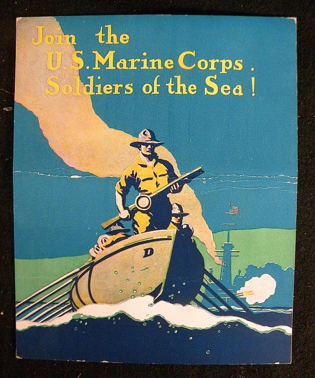 VINTAGE POSTER - CIRCA 1915 JOIN THE US MARINE CO: VINTAGE POSTER - CIRCA 1915 JOIN THE US MARINE CORPS. SOLDIERS OF THE SEA. THIN CARDBOARD STOCK, MEASURES 11 1/2" X 9 1/2". HAS CREASE FROM SIDE TO SIDE IN THE CENTER. A RARE POSTER.