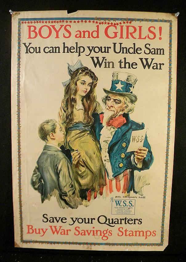 VINTAGE POSTER- JAMES MONTGOMERY FLAGG UNCLE SAM: VINTAGE POSTER- JAMES MONTGOMERY FLAGG UNCLE SAM HOLDING GIRL. BUY WAR SAVINGS STAMPS. MEASURES 30" X 20". HAS TAPE MARKS, AND SOME SMALL TEARS.