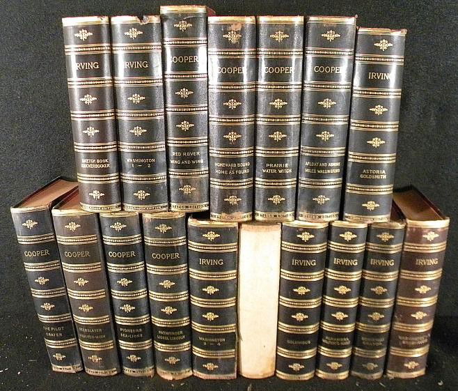 LOT WORKS OF JAMES FENIMORE COOPER & WASHINGTON I: LOT WORKS OF JAMES FENIMORE COOPER & WASHINGTON IRVING, 8 VOLUMES OF COOPER AND 10 VOLUMES OF WASHINGTON. INSIDES ARE NICE, SOME WEAR TO OUTER COVERS AND ONE SPINE COVER OFF, AS PICTURED. THE IRVINGS