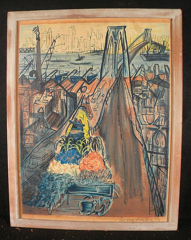 VINTAGE POSTER-PRINT LUDWIG BEMELMANS SIGNED: VINTAGE POSTER-PRINT LUDWIG BEMELMANS SIGNED IN PENCIL IN LOWER RIGHT CORNER. POSSIBLY A NEW YORK MAGAZINE COVER. IN FRAME OF THE PERIOD, MEASURES 24" X 18". NICE CONDITION.