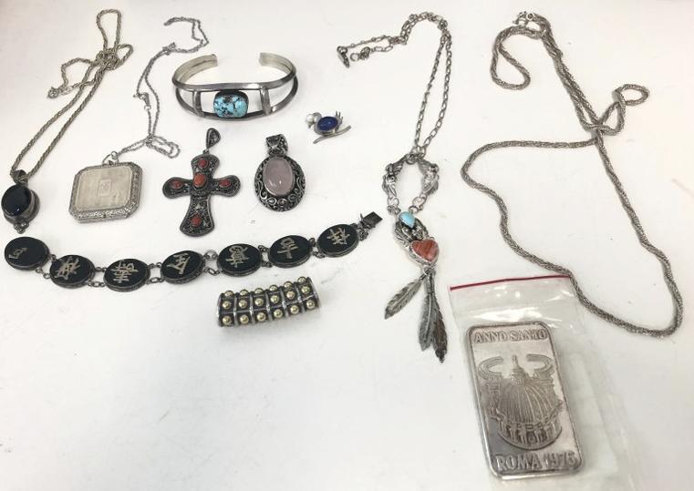 Estate sterling & silver lot including chains, bracelet, pendants, pendant that is sterling with 18k (1 of 7)