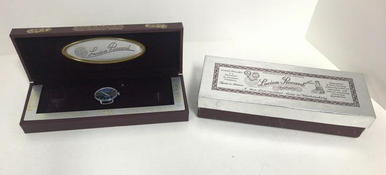 Vintage Lucien Piccard men's oval wristwatch, with original case & box, no band, on face is INCABLOC: Vintage Lucien Piccard men's oval wristwatch, with original case & box, no band, on face is INCABLOC 17 JEWELS. From local estate we are selling. On back is STAINLESS STEEL BACK SWISS MADE L3113 A. It