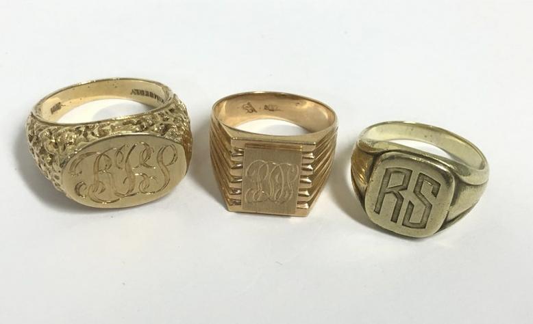 (3) 14k estate initial rings, from estate collection of jewelry we are selling. Total weight is 19.9 (1 of 3)
