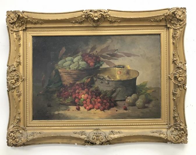 19th c o/c still life with fruits in basket & pail, signed illegibly, has been relined, in frame of (1 of 4)