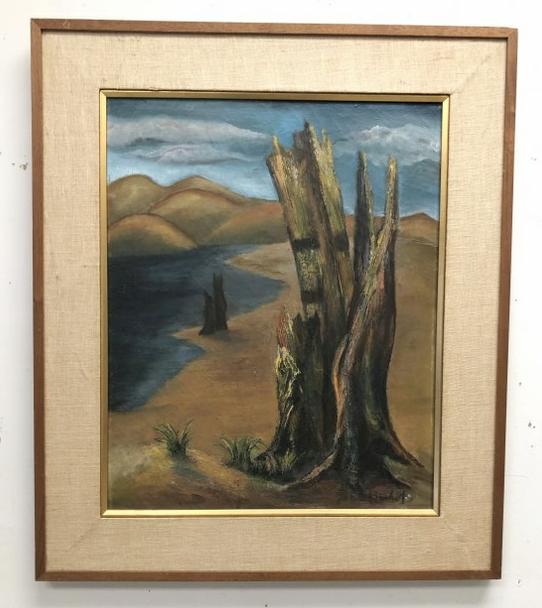 Mid Century o/c landscape, with tree in foreground & mountains in background, signed illegibly as (1 of 3)