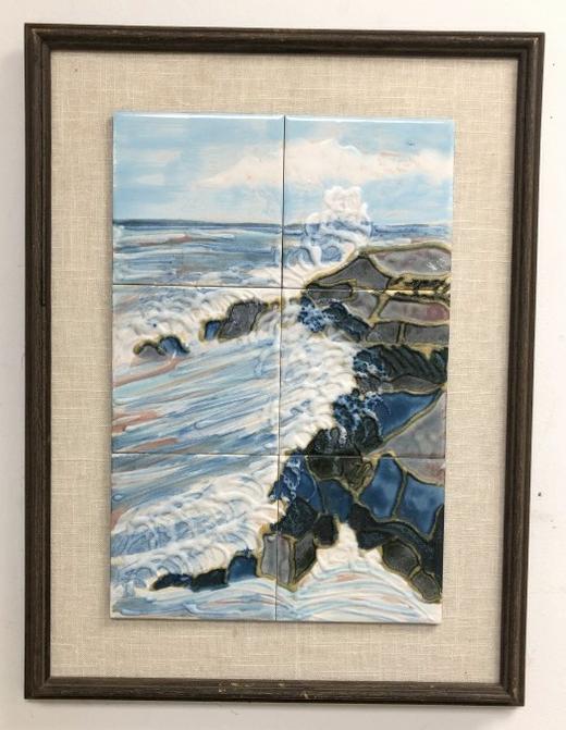 Framed (6) tiles seascape, with waves crashing against the rocks, unsigned, in very nice frame with: Framed (6) tiles seascape, with waves crashing against the rocks, unsigned, in very nice frame with linen matting. Tiles measure 18" x 12", fine condition. From Hudson, N.Y. estate of noted Art Collec