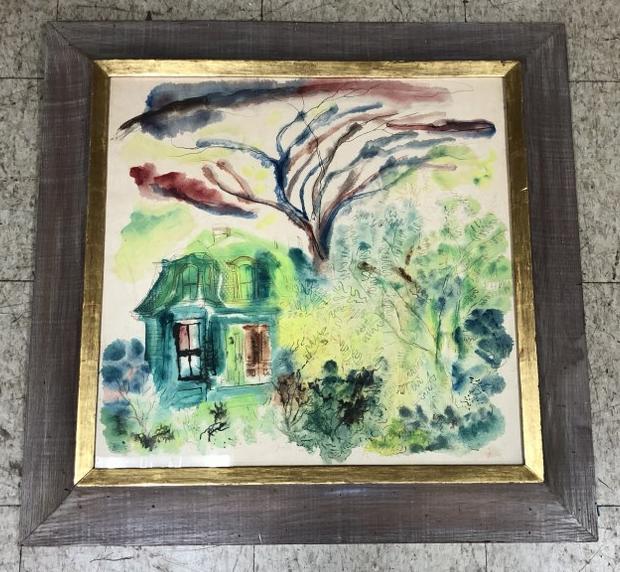 Mid Century impressionist w/color landscape with house, vibrant colors, in wash painted wormy (1 of 2)