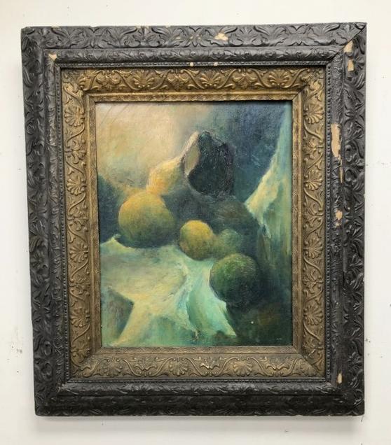 Impressionist still life with lemons, unsigned, ( written on estate tag is Dove Ryder ). In older: Impressionist still life with lemons, unsigned, ( written on estate tag is Dove Ryder ). In older frame than the painting, painting measures 20" x 16". From Hudson, N.Y. estate of noted Art Collector 