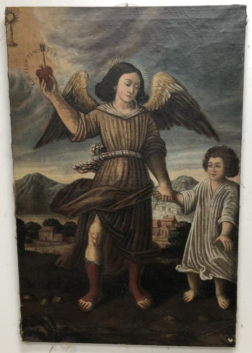 Early o/c religious painting, in as found estate condition, paint crackling throughout, painting (1 of 3)