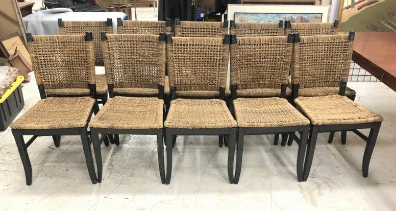 10 decorative chairs with rope seat and back, good condition, measure 36" high & 19" deep (1 of 2)