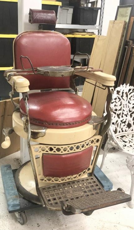 Old Emil J Paidar barber chair, child's seat, hydraulics working, original condition, rust to the (1 of 2)