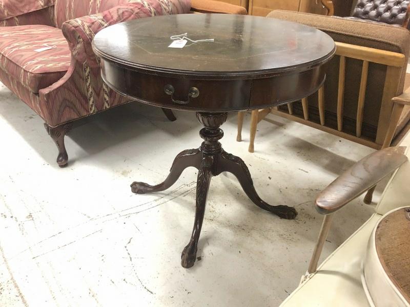 Mahogany round drum table w/1 drawer and claw feet, wear to the finish, measures 28" H x 30" across, (1 of 2)