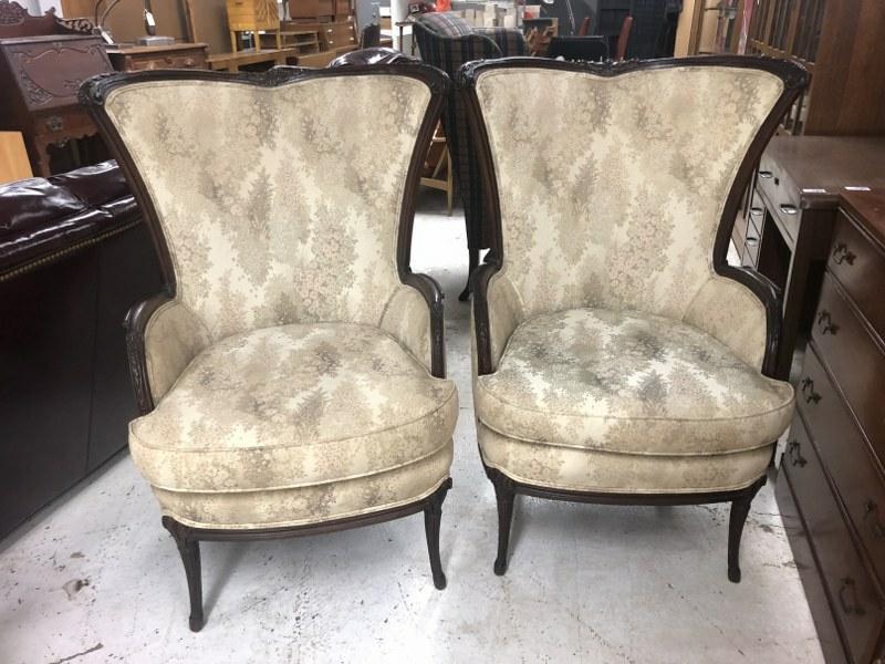 Pair of nice carved mahogany fireside chairs with carvings top to bottom, tops measure 32" across, (1 of 6)