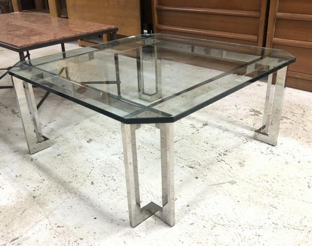 Nice chrome base mid century style coffee table with thick plate glass top, chip on one corner on (1 of 4)