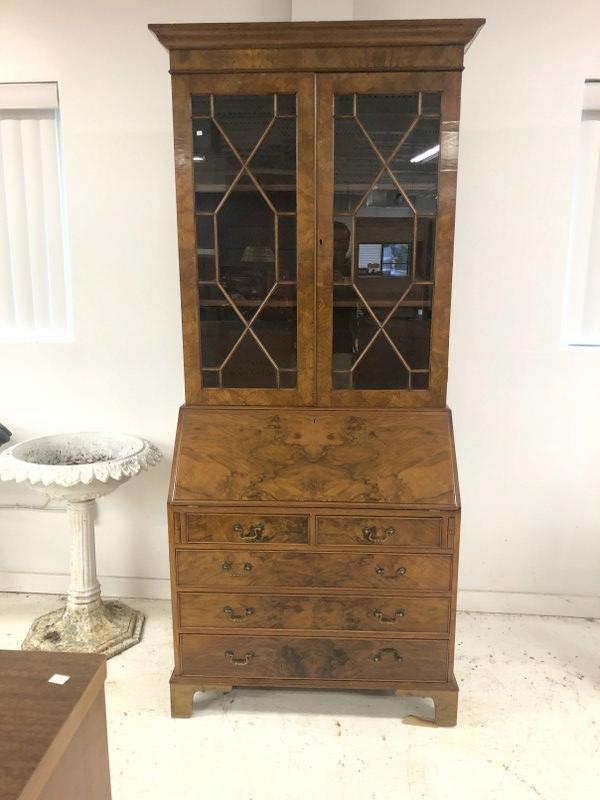Beautiful burl secretary bookcase, chippendale style, adjustable shelves, looks like rosewood sides, (1 of 4)