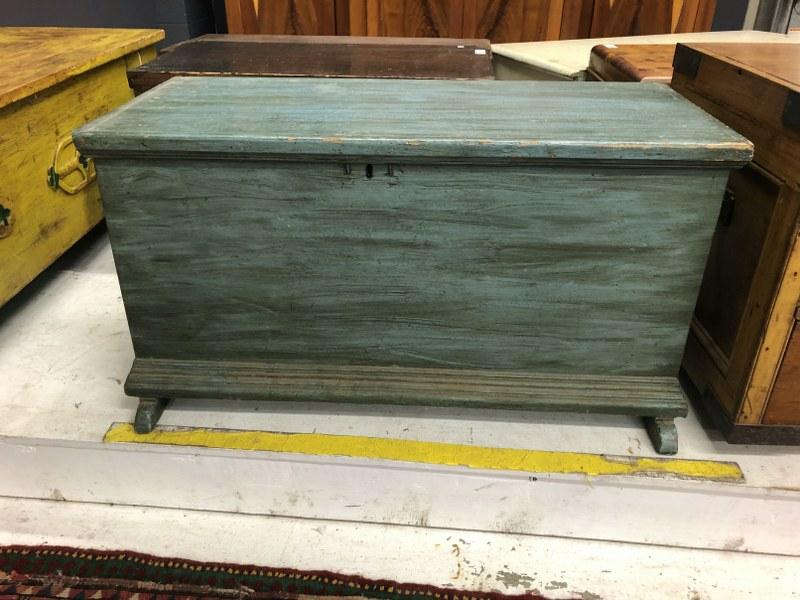 Old dovetailed blue painted blanket chest w/till intact, from Hudson Valley estate, good condition, (1 of 3)