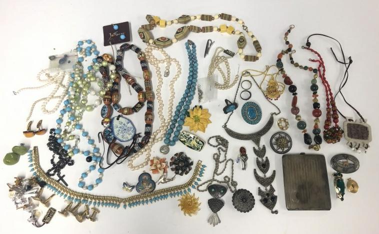 Lot vintage & older estate jewelry, including some sterling, gold filled, sterling pin with 18k (1 of 12)