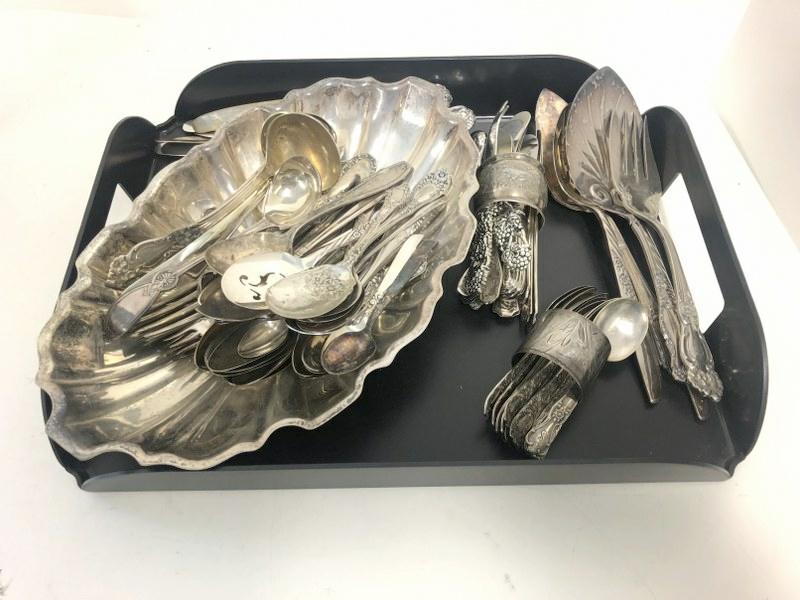 Estate lot misc. silverplate, mostly flatware, bowl, a few napkin ringsâ€¦.and some larger serving (1 of 1)