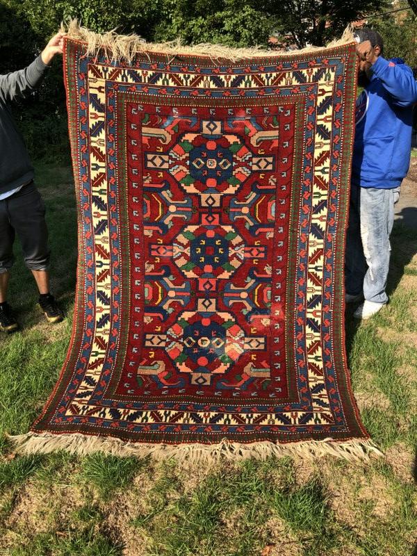 Estate handmade oriental rug, from Catskill, N.Y. estate, measures 90" x 61". Has a few light spots.: Estate handmade oriental rug, from Catskill, N.Y. estate, measures 90" x 61". Has a few light spots. Vibrant color. Good looking rug. * Please note - we always recommend cleaning estate oriental carpe
