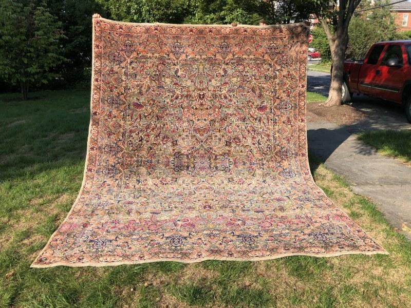 Large estate handmade oriental rug, cream color background, from Catskill, N.Y. estate, measures (1 of 6)