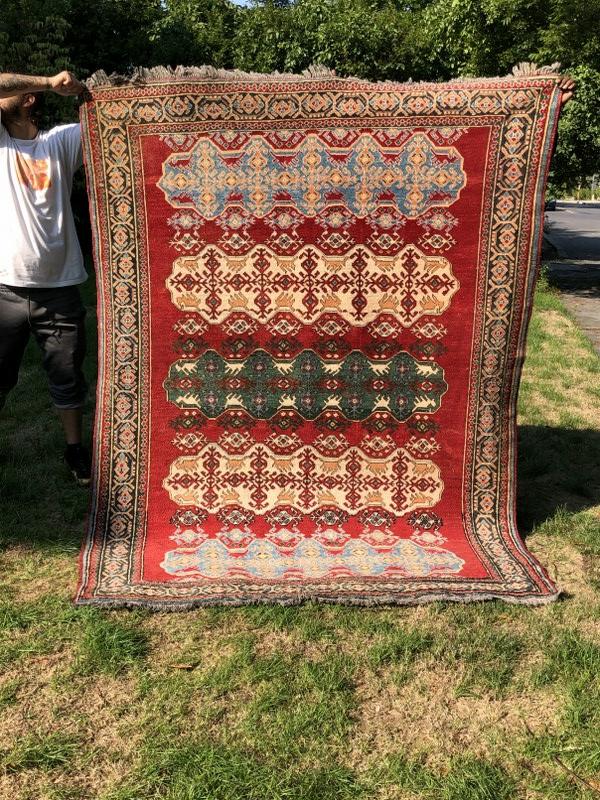 Estate handmade oriental rug, measures 93.5" x 71.5", good estate condition, vibrant color.    * (1 of 4)