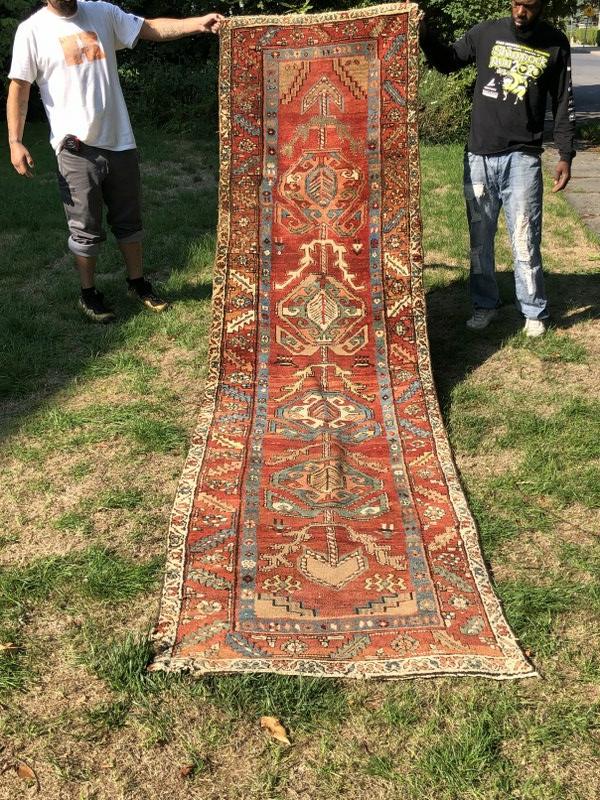Large estate oriental handmade runner, from Catskill, N.Y. estate, measures 145" x 36". Has slight (1 of 5)