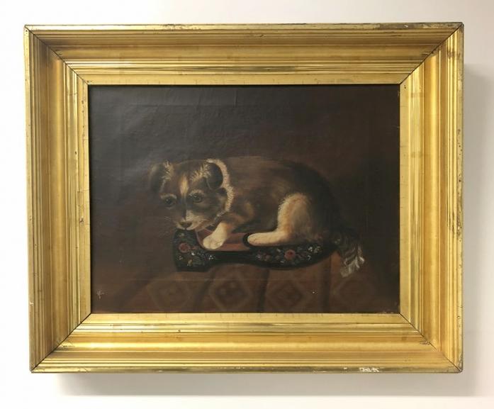 Wonderful 19th c o/c folky painting of dog laying on pillow, in sweet lemon gilt period frame, from (1 of 3)