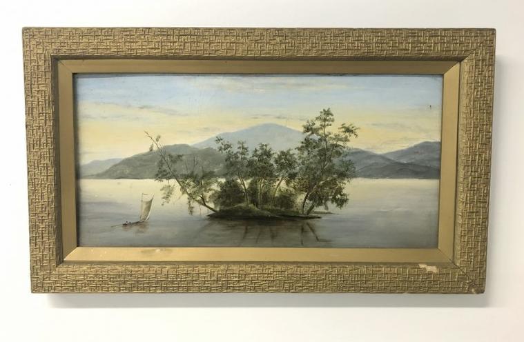 19th c  o/b possibly Hudson Valley or Adirondacks, landscape with river in foreground, with man in (1 of 4)