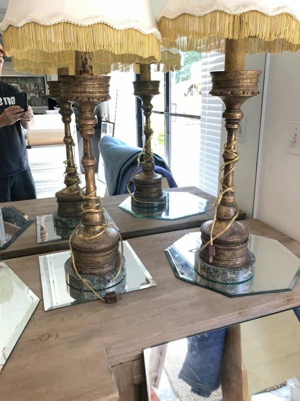 Pair decorative gilt wood table lamps from local estate, on marble bases. Good looking, measure 38": Pair decorative gilt wood table lamps from local estate, on marble bases. Good looking, measure 38" tall to top of shade. ( one has worn spot in center that exposes rod, doesn't detract from overall a