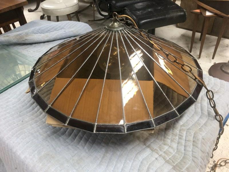 1970's leading glass hanging light, circa 1970's, family said was made by Woodstock, N.Y. Artisian.: 1970's leading glass hanging light, circa 1970's, family said was made by Woodstock, N.Y. Artisian. Measures approx. 25" across, very nice condition.