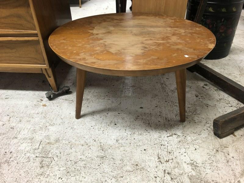 Mid Century Modern round coffee table, finish has stains, and needs to be refinished, structurally (1 of 3)