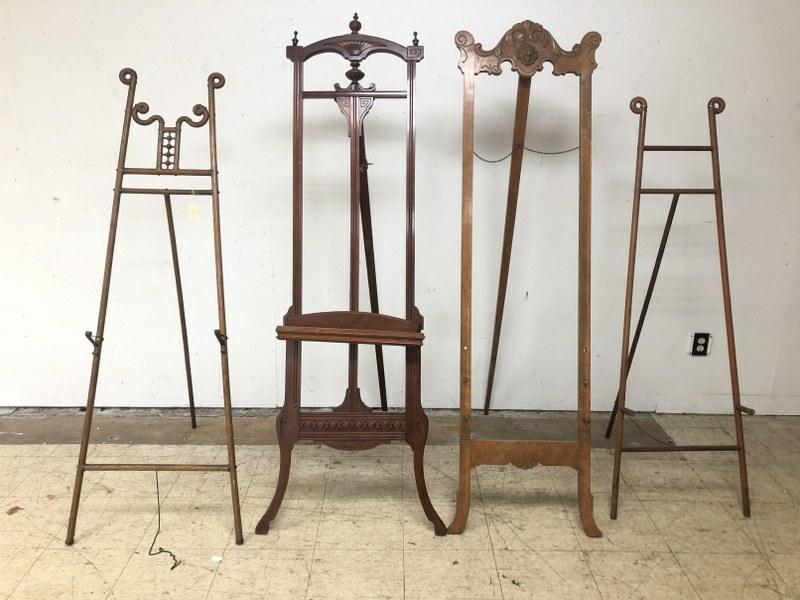 (4) old easels including (3) oak and (1) cherry, all circa 1890's to 1910.   From Hudson, N.Y. (1 of 8)