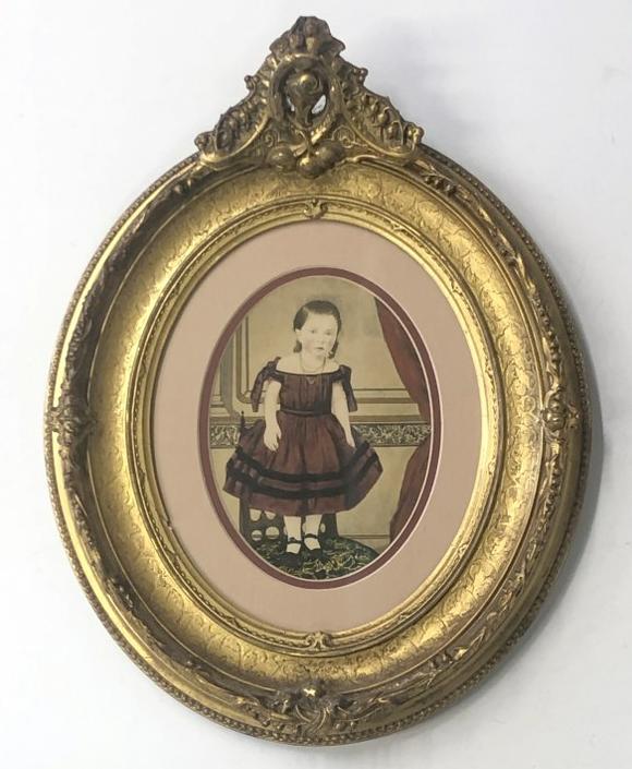 Hand Painted photograph young girl on chair, in fancy gilt period frame, sealed on verso, frame: Hand Painted photograph young girl on chair, in fancy gilt period frame, sealed on verso, frame measures 16" x 12.5". From the estate collection of Richard G. Miller's 19th & 20th century hand painted