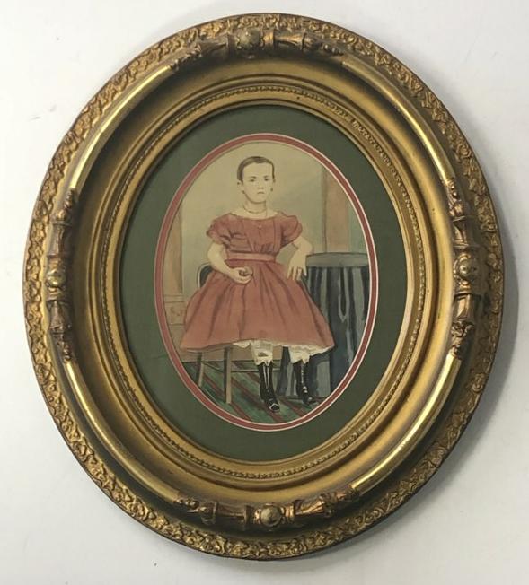 Hand Painted  photograph of young girl in chair, holding apple, period frame, frame measures 15" x (1 of 3)